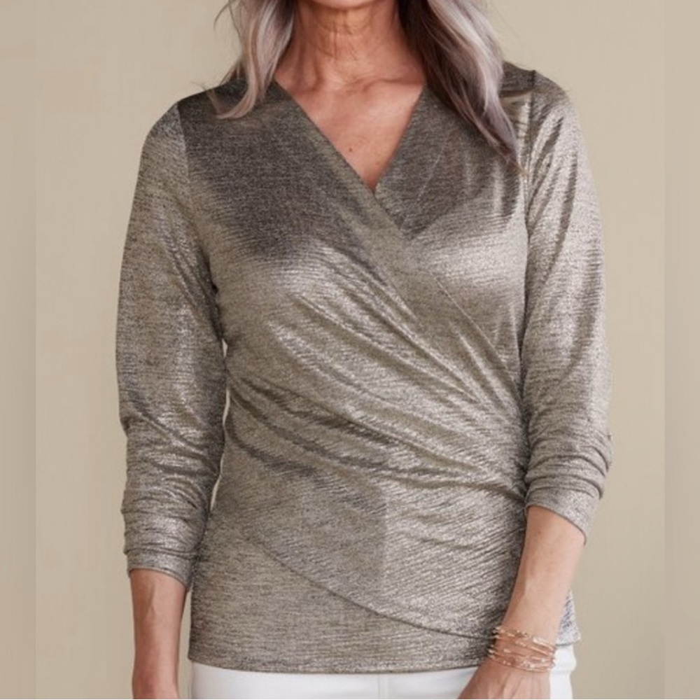 Soft Surroundings Sz XL Stella Top Metallic Blouse Party Holiday Festive Silver